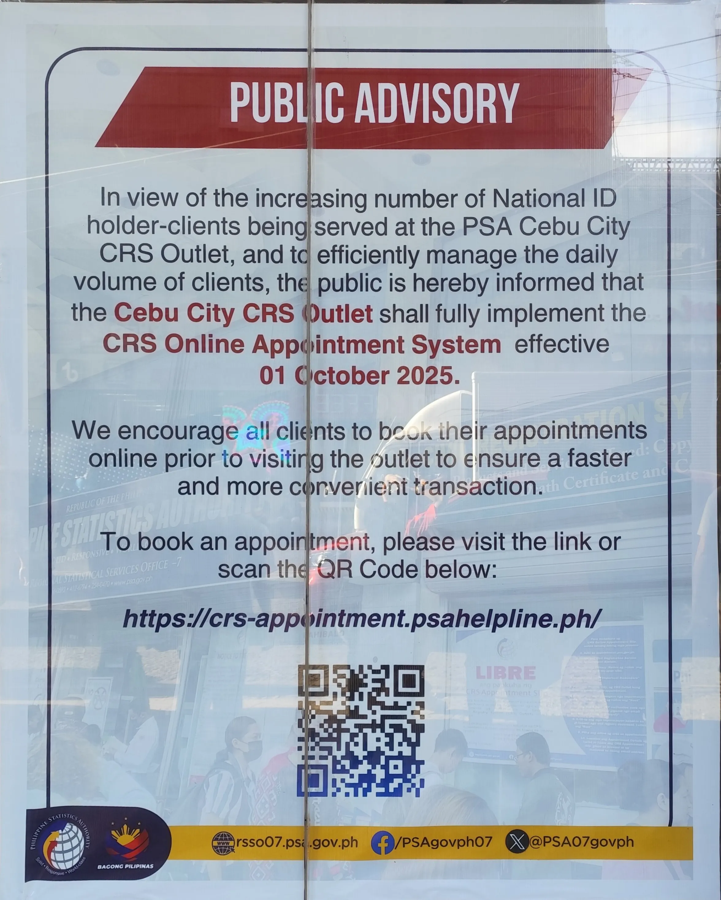 Official PSA public advisory poster announcing mandatory CRS online appointment system effective October 1, 2025