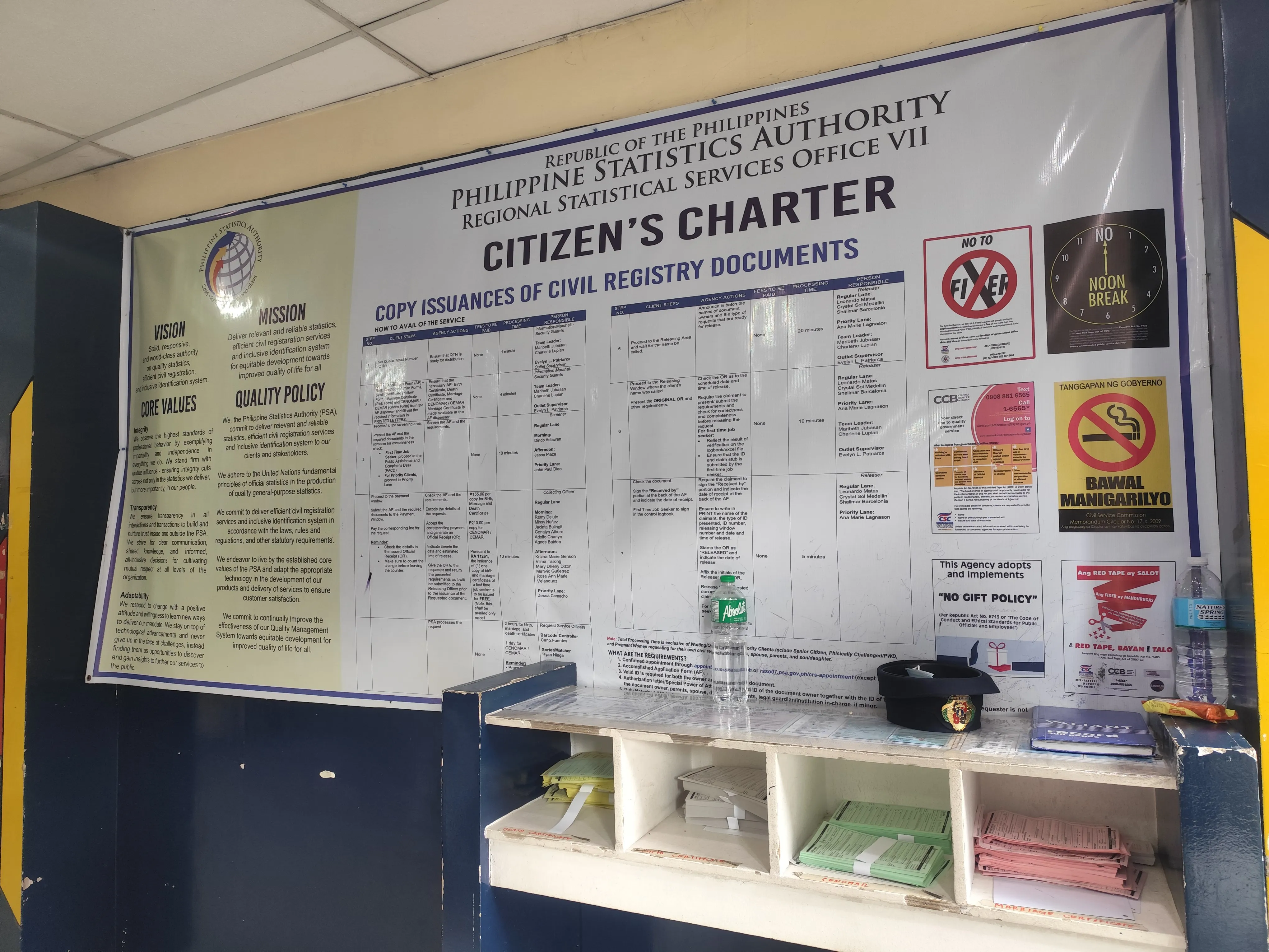 PSA Regional Statistical Services Office VIIのCitizen's Charter。民事登録書類のコピー発行手順・担当者・処理時間が一覧で掲示
