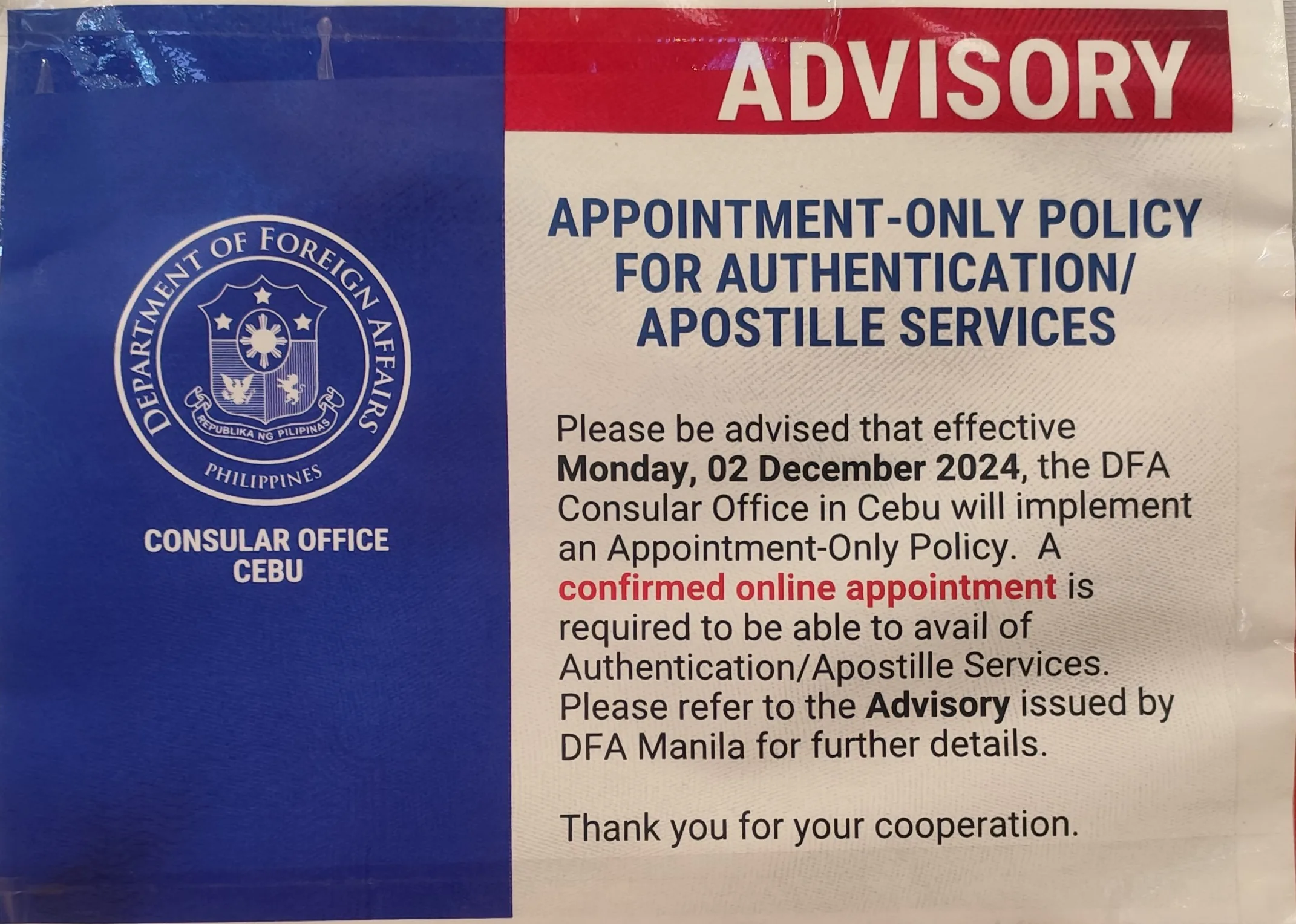 DFA Consular Office Cebuが掲示するADVISORY。APPOINTMENT-ONLY POLICY FOR AUTHENTICATION/APOSTILLE SERVICESと記載。2024年12月2日より実施
